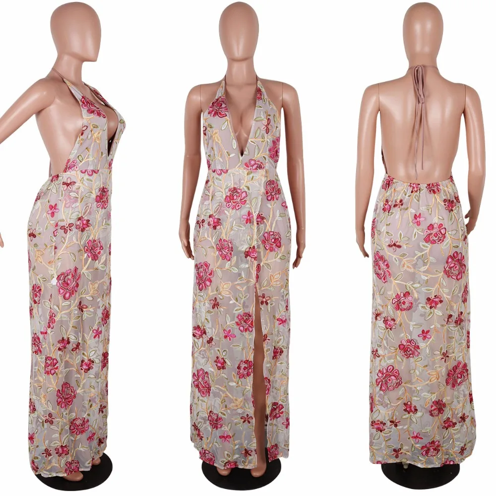 B22312A Europe women Fashion sexy transparent gauze halter neck sexy embroidery dress