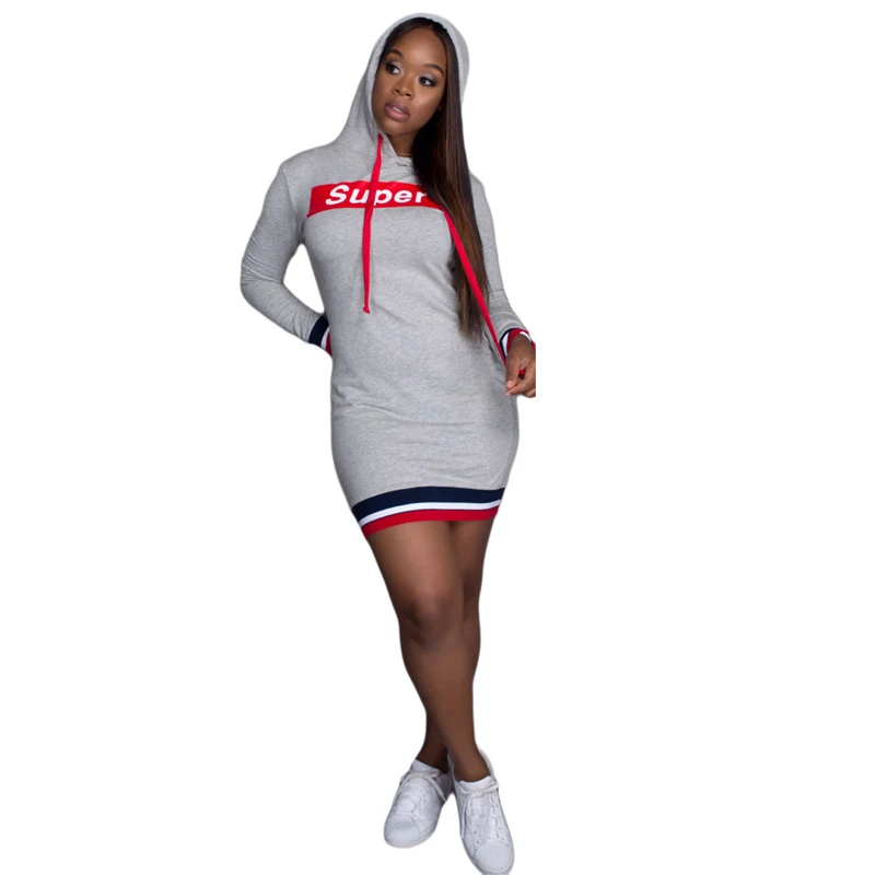 
Casual Hooded Collar Letters Printed Grey Polyester Mini Dress With African Bodycon Dress 