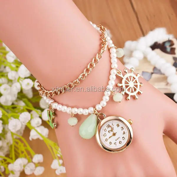 2015 latest elegant lady pearl chain bracelet watch
