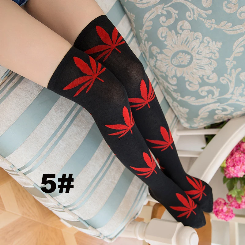 Bonypony wholesale Hot sexy fashion youth young women girls weed leaf slim legging stocking over knee high socks