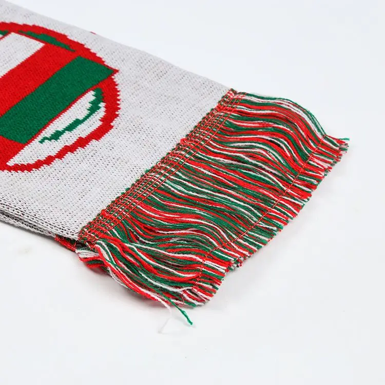 Оптовая продажа, шарф с логотипом на заказ, акриловый вязаный жаккардовый шарф для футбольных фанатов с красной вышивкой, сублимация