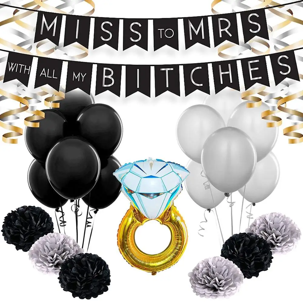 
Bachelorette Party Decorations Set Engagement Bridal Shower Supplies Kit Miss to Mrs Banner Swirls paper Pom Poms black gold 