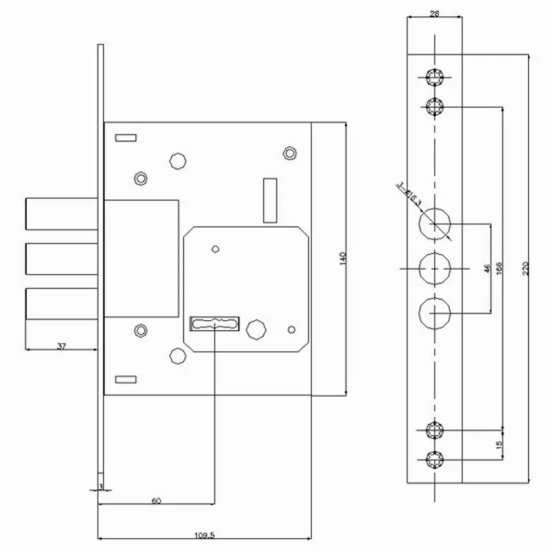 257L security mortise lock with 3 steel round bolts