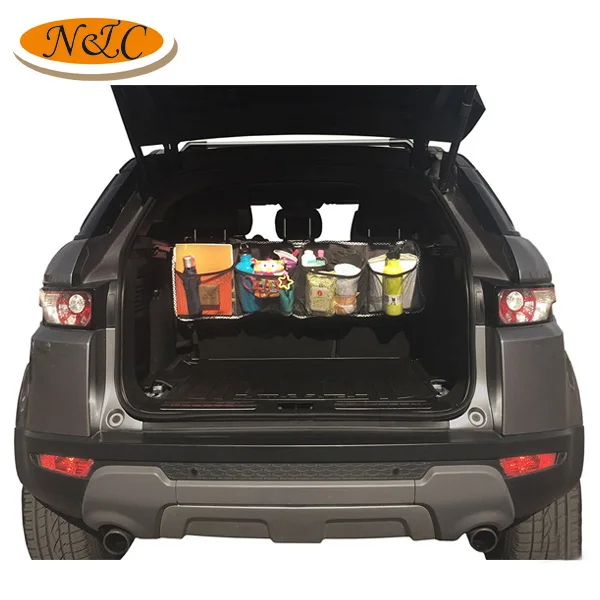 Durable material multiple pockets hanging mesh car seat storage bag,portable easy install convenience car seat storage