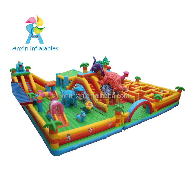 luxury maze playground inflatable dinosaur bouncer with small slide for kids, inflatable playing house tent with arched gate