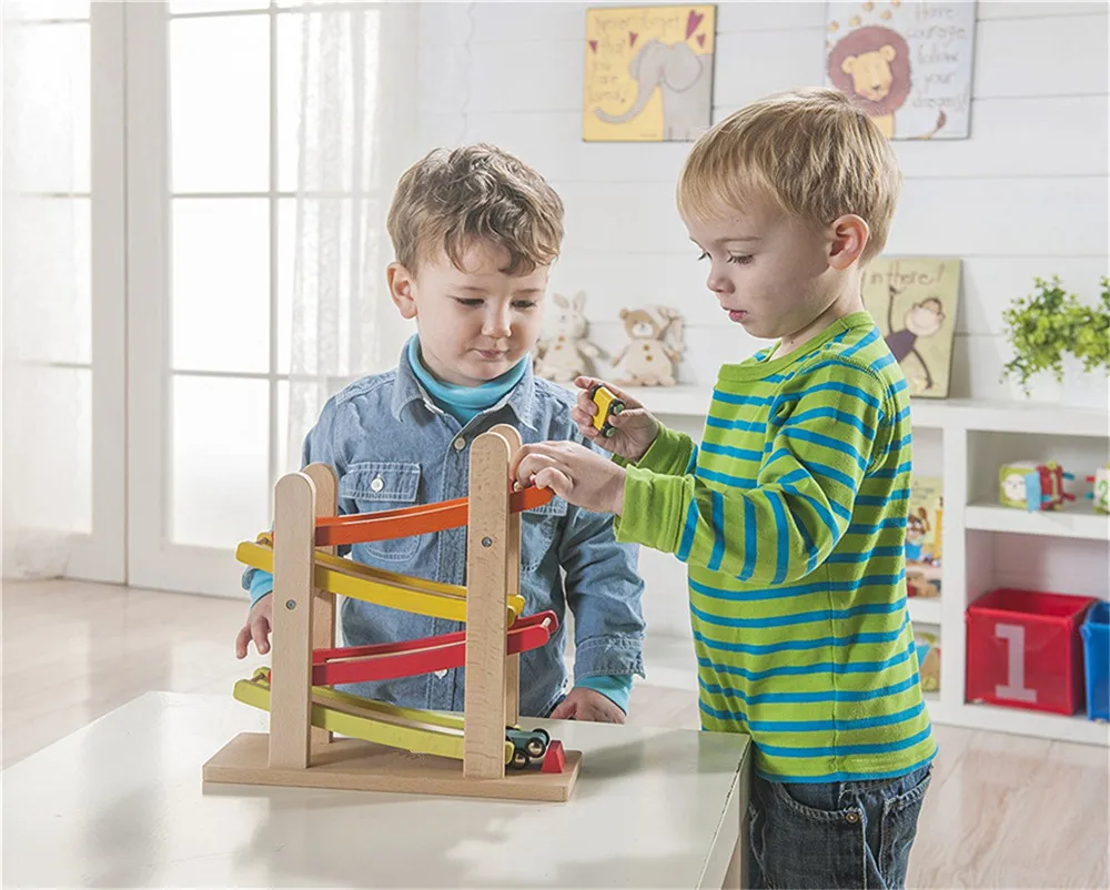 Wooden Ramp Racer Race Track for Toddlers and 4 Wood Cars, Race Car Ramp Set