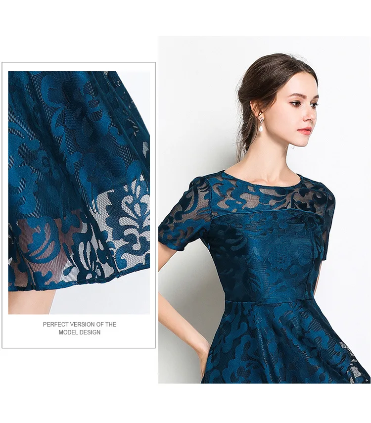 
summer high quality women navy blue lace dress 