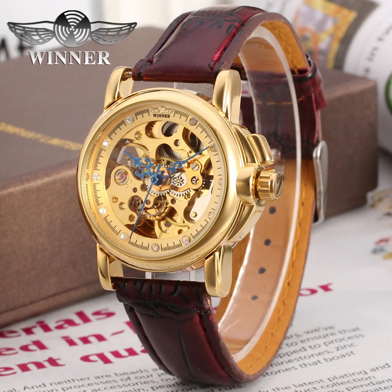 Winner Luxury Women Gift Brand Golden Skeleton Watches Relojes Mujer With Brown Leather