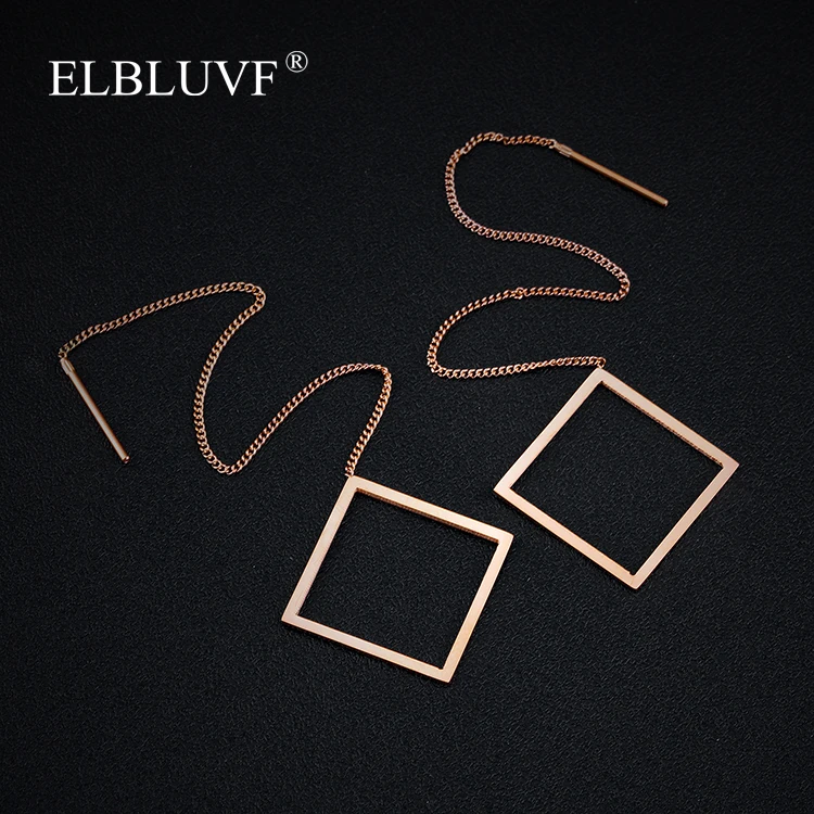 
ELBLUVF Free Shipping Stainless Steel Jewelry Rose Gold Plated Hollow Square Shape Tassel Big Earrings 