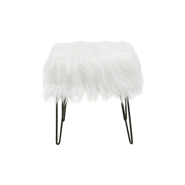 ODM&OEM Hot Sale Bedroom Vanity Stool Modern Decorative White Square Faux Fur Stools With Metal Legs