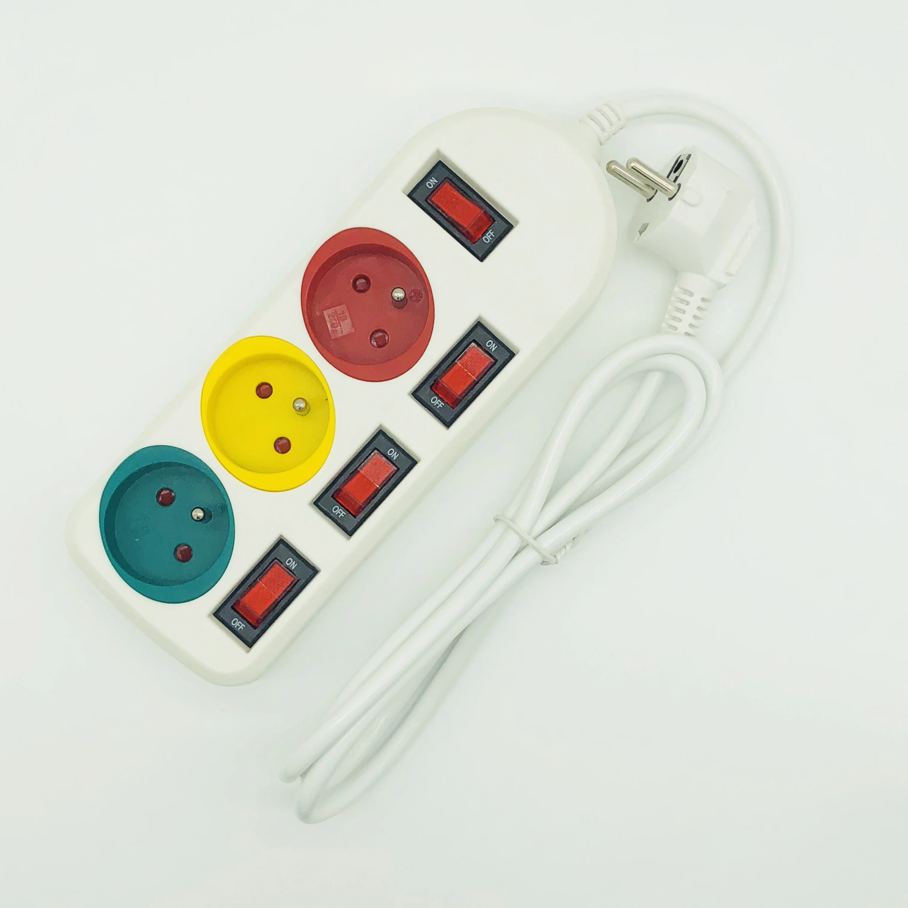 French Type 3 Outlets  Pop Colorful Power Strip  Extension Plug Socket with Individual Switches with CE