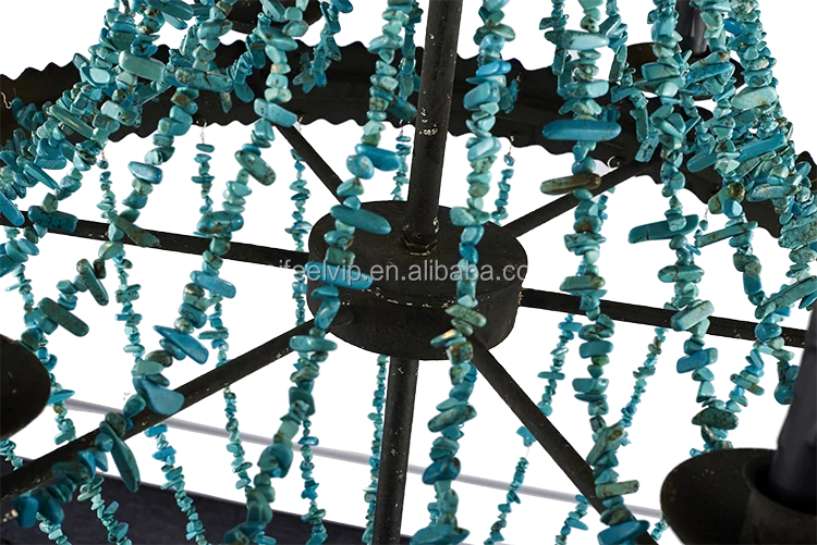 
2017 hot sale handmade blue stone new design large rustic beaded classic candle chandelier for dining room or hotel 
