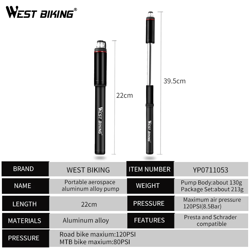WEST BIKING High Pressure Portable Bike Tool Mini Air Pump with Presta Schrader Mini Basketball Bike Bicycle Hand Tire Air Pump