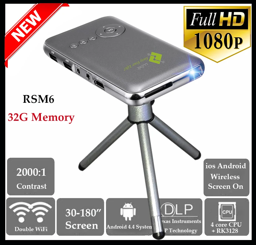 Uutek 32G HD Mini Projector Android 4.4 WiFi Mini Smart Projector DLP Portable Projector, 854*480DPI 100 Lumens 250g