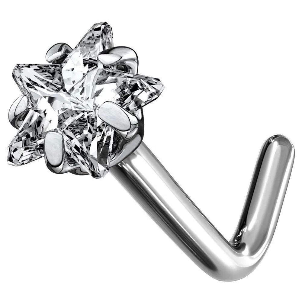 20G Prong Set CZ Star 316L Surgical Steel L Bend Body Piercing Nose Jewelry