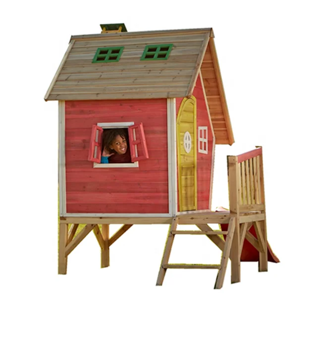 Outdoor Playhouse with Slide Wooden Kids Play Residential Backyard Playground