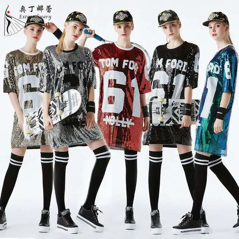 Wholesale Hip Hop Dance Costumes Baseball Shirt Custom Bling Loose Women Oversize Sparkly Sequin Long T Shirt Dress