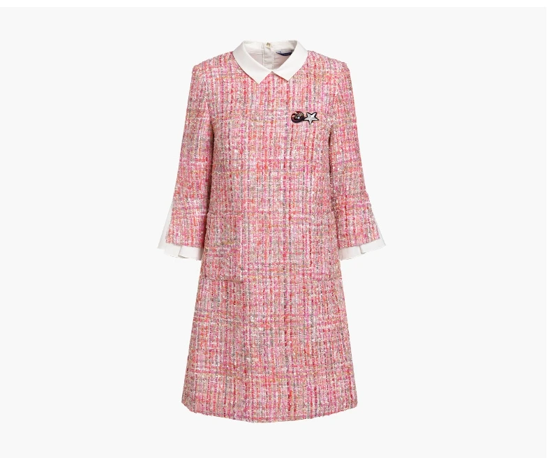 Women 3/4 Flare Sleeves Trun-Down  Collare Pink Tweed embroidery Casual Austum Dress