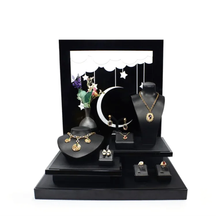 Custom Design Black Pu Leather Piercing Jewelry Display Stand For Labret Charms Hinged Rings Earring Store Counter Window Show