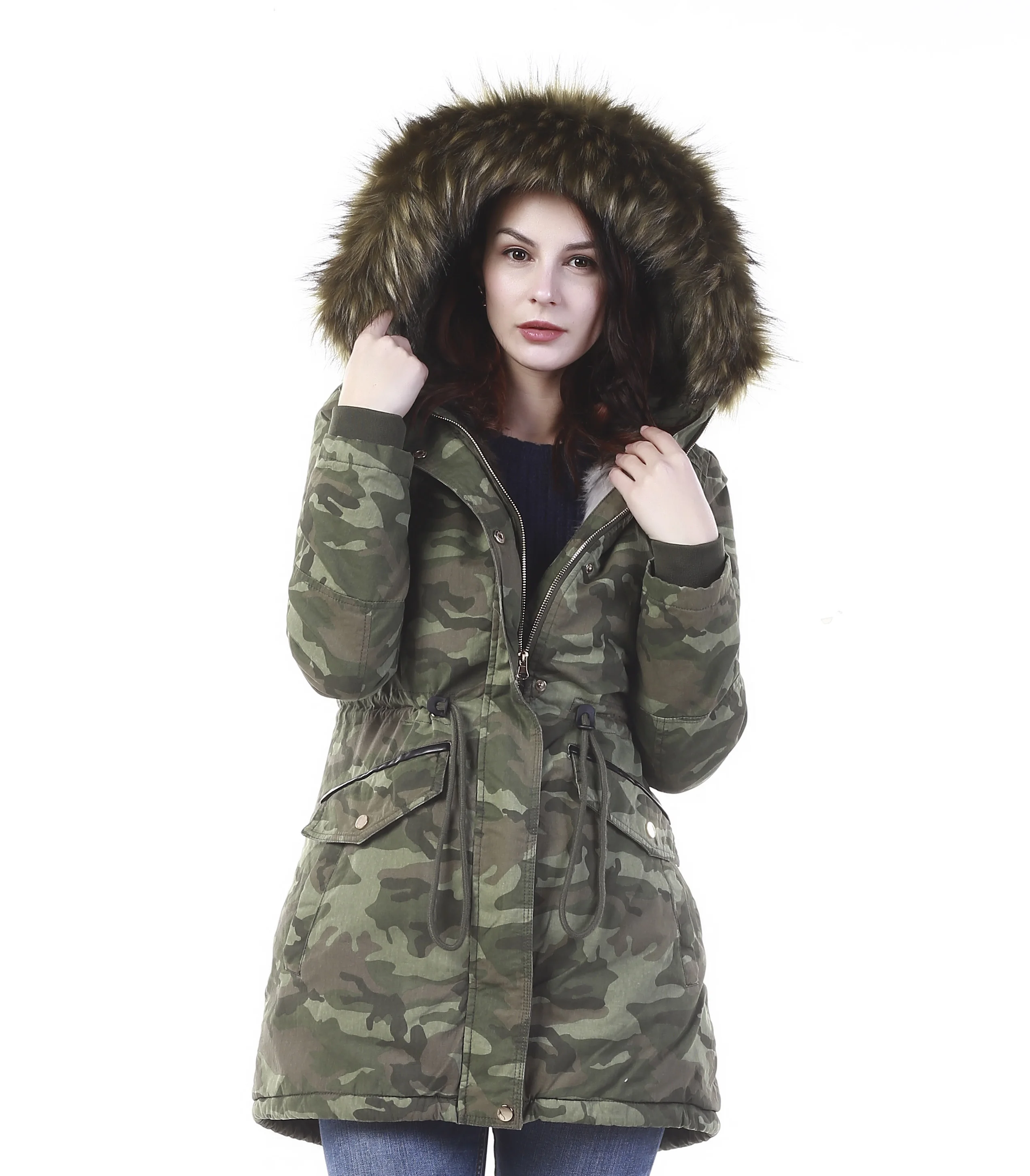 Fashion New Design Winter Casual Hooded Green Camouflage Ladies Padded Jacket Parka Women Quilted Coat
