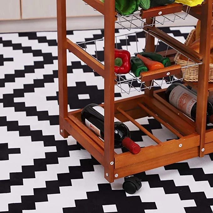 
Rolling Tile Top Wooden Kitchen Trolley Microwave Cart with 6 Bottle Wine Rack 