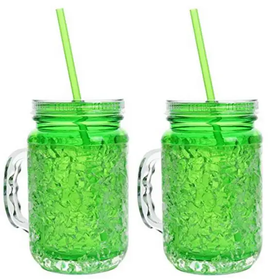 Plastic Mason Jar Frosty Freezer Mug, Double walled Gel Crystals with lid and straw, Great soda Beverage Mug
