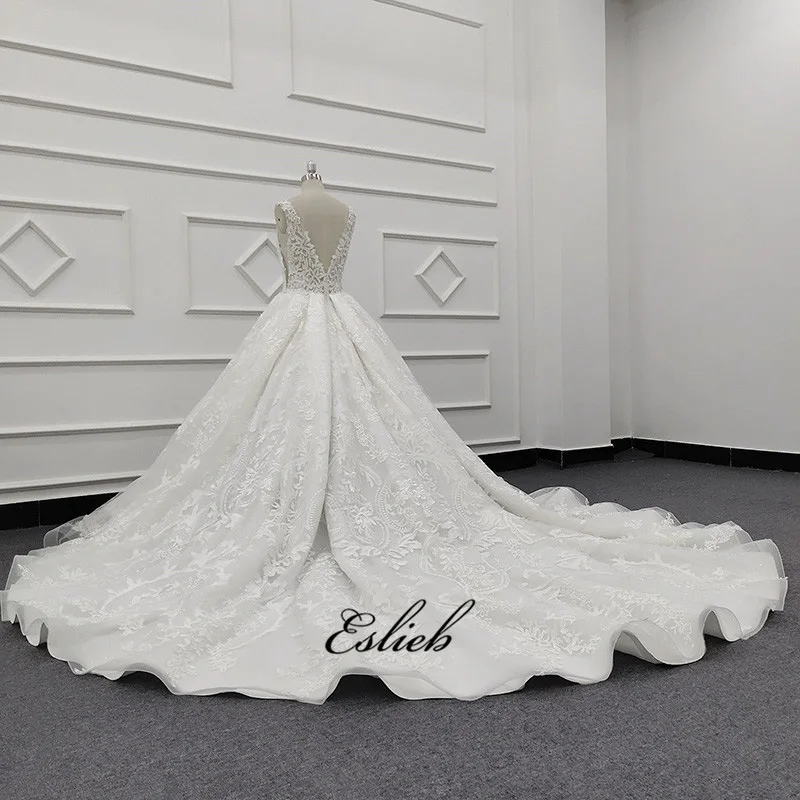 Eslieb 2019 luxury  corset wedding dress lace  floor-length V-neck sleeveless court Train ivory wedding dress bridal