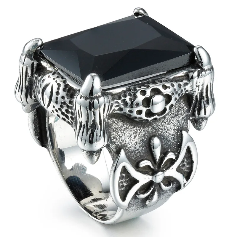 Vintage Engraved Stainless Steel Big Stone Ring Designs For Men