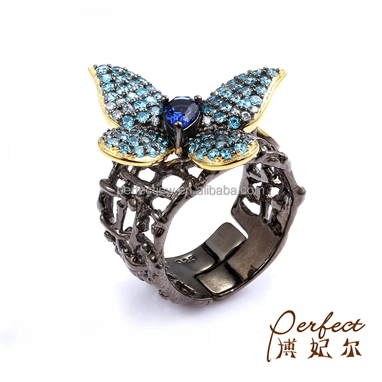 Handmade Fashion Blue Butterfly 925 Sterling Silver Ring with Gold Plated