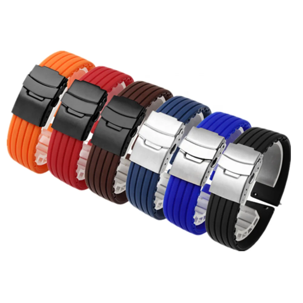 
Have stock stainless steel deployment buckle soft Black Blue Orange silicone rubber watch band strap 