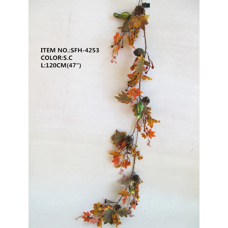 120CM Artificial Pumpkin Orange and Green Maple Leaves and Berry Fall Archway Wreath Garland