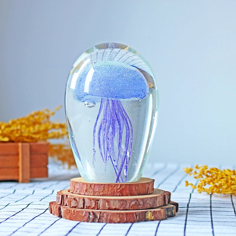 H&D Art Glass Jellyfish with Bubbles sculpture Sea Animal glass Paperweight Glow in the Dark Craft Collection Birthday Gift