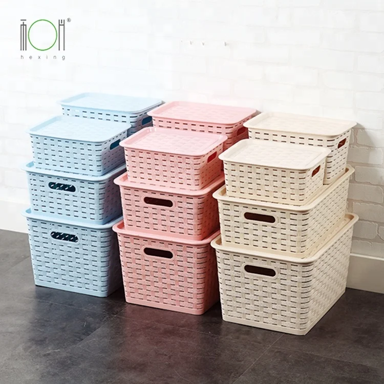 
Laundry basket woven plastic bamboo storage boxs with lid sundry storage baskets 