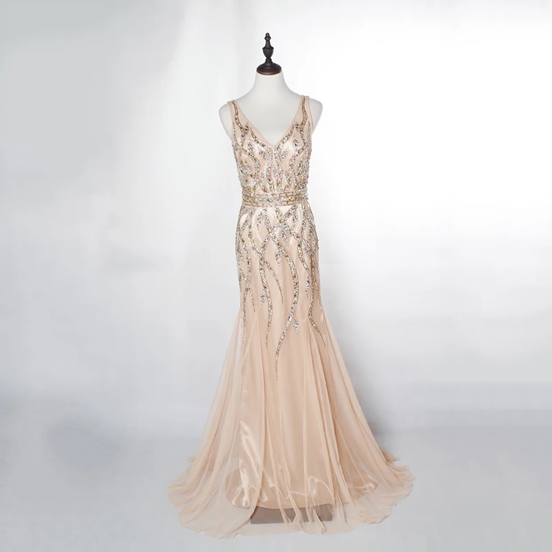 Deep V-neck beaded sequins tulle wear elegant long evening dresses women
