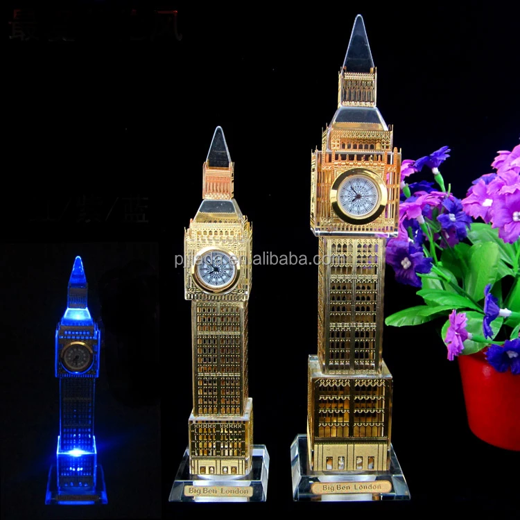 Metal Covered Surface Crystal Big Ben Model With Clock For Souvenir