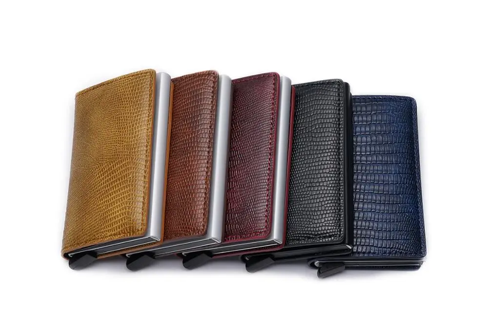 Lizard pattern Leather Aluminum RFID Blocking card holder Wallet -Customized logo Swinging without dropping the card design
