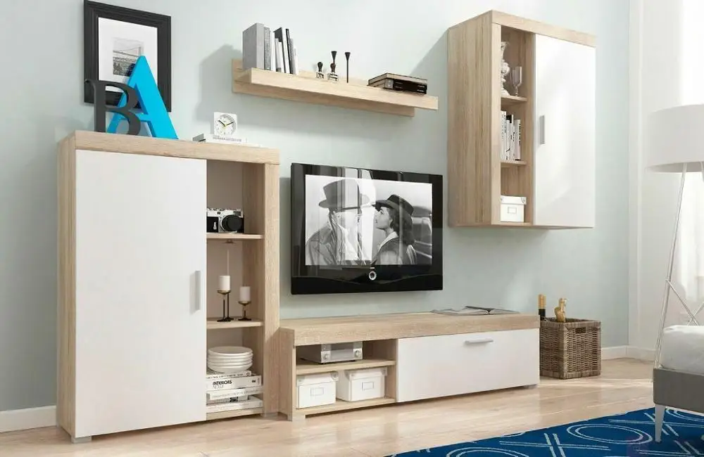 Living room Wooden furniture set tv unit stand  display shelf white sonoma concrete