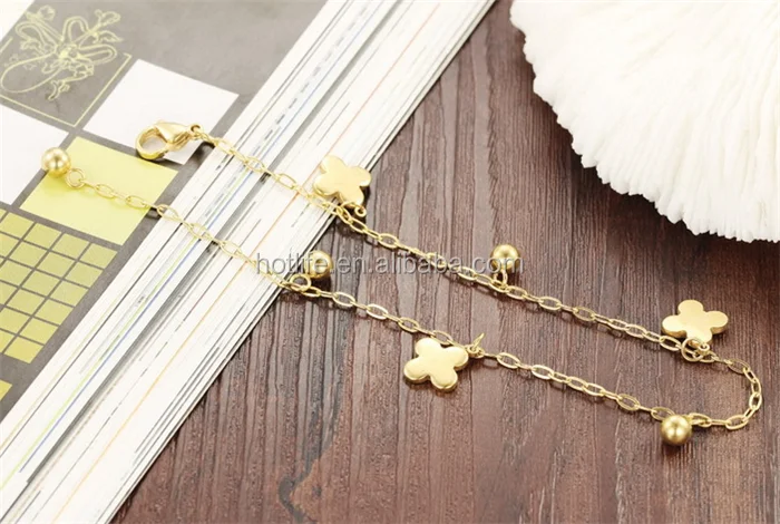 18K gold plated jewelry four leaf clover charms foot gold anklets for women