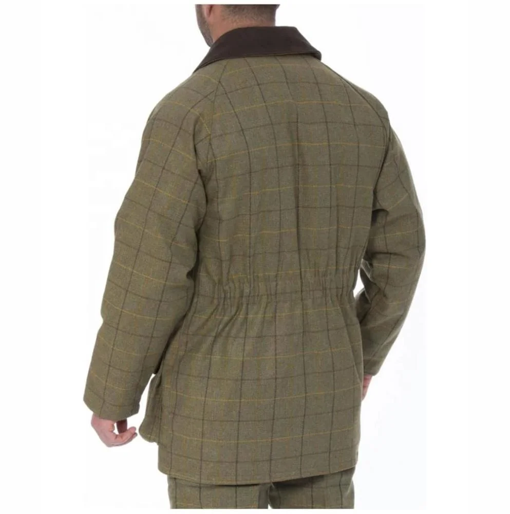 2019 wholesale mens tweed fabric hunting jacket for hunter water repellent shooting jacket