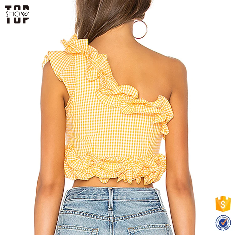 Factory custom gingham one shoulder ruffled tulle trim crop top for women