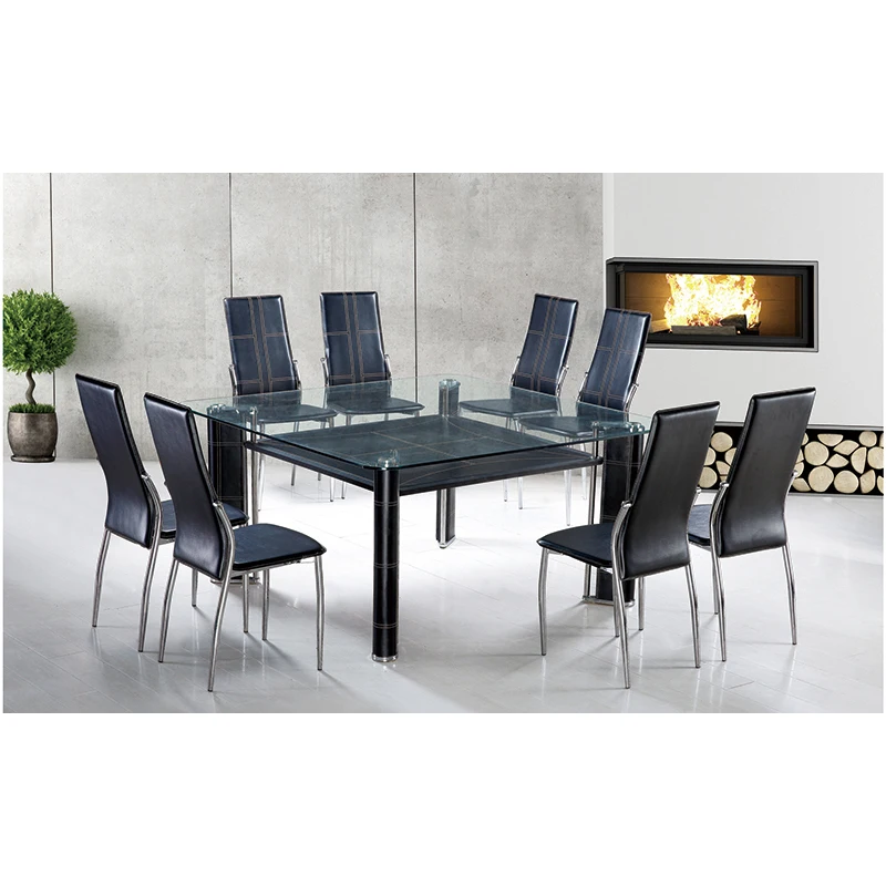 wholesale china 10mm 8 or 10 seater modern cheaper ali crystal glass top dining table set