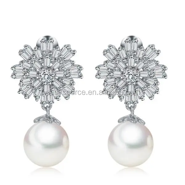 925 Sterling Silver Earrings Women Pearl Ear Stud Zircon Dangle Earrings