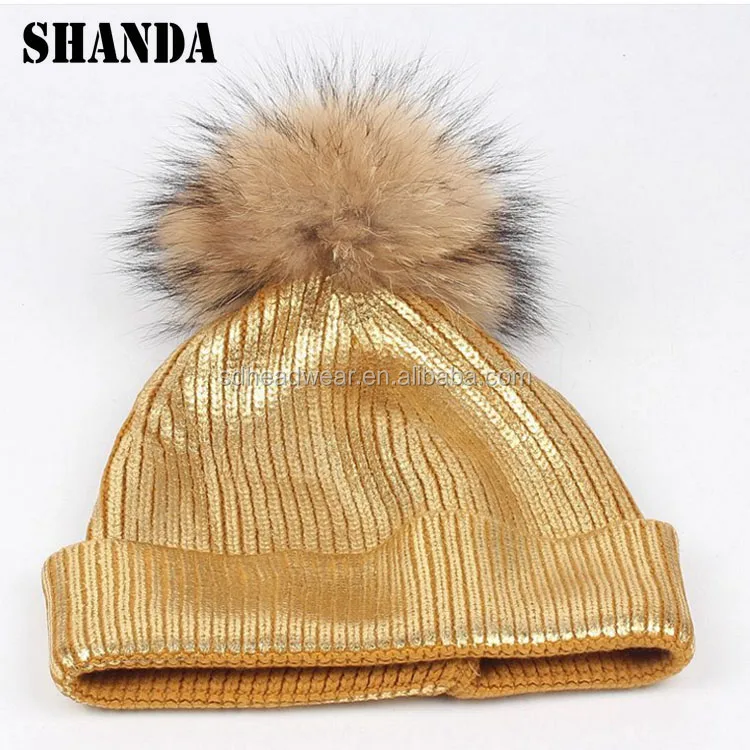 gold blocking bling beanie hat custom metallic beanie with fur pom