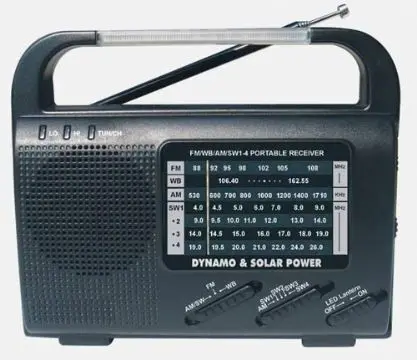 am/fm /sw and bulit-in rechargeable batteries.solar radio