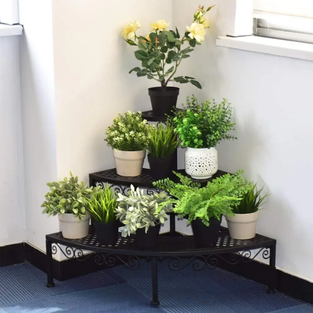 Customized 3-Step Metal Flower Pot Holder with Iron Shoe Stand For Home Balcony Corner Plant Holder and Outdoor Garden Pot Trays