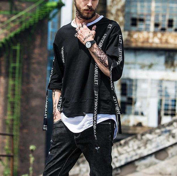 
2020 New Design Wholesale Fashion High Street Men T shirt with long Ribbons 