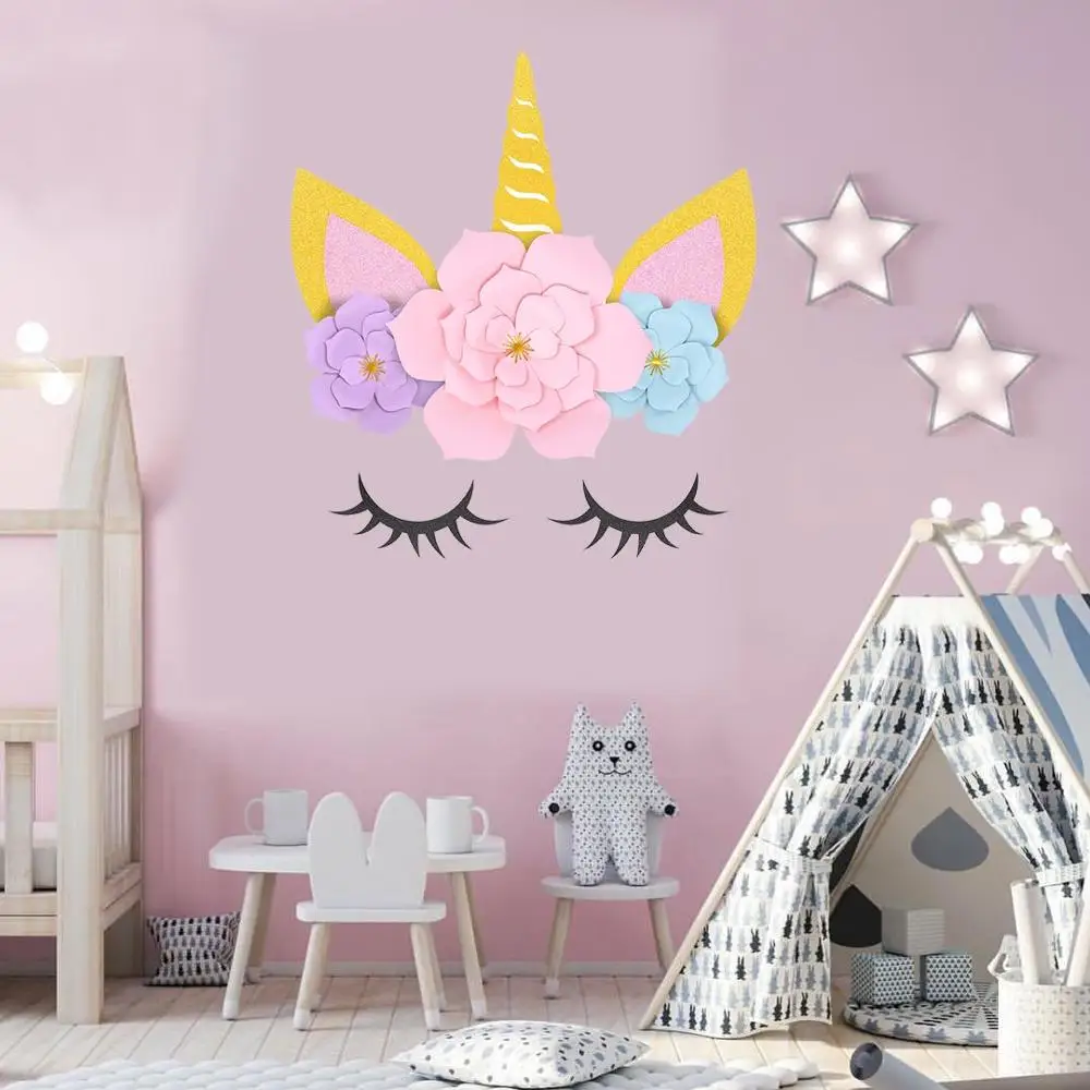 Unicorn Party Decorations Backdrop For Girls Birthday Party DIY Unicorn Flower Backdrop with Glitter Giant Horn Ears Eyelashes