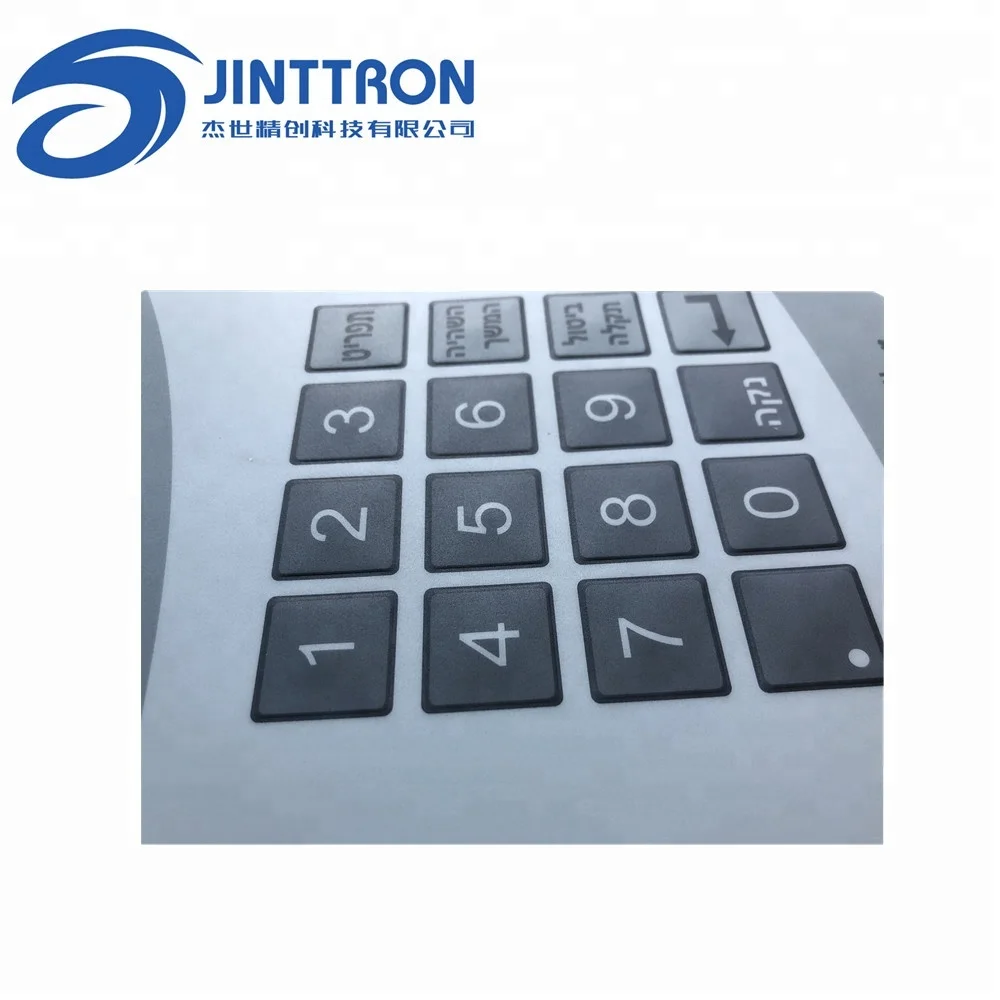 Big size die cut four angle square membrane keyboard/ kepad switch with custom shape transparent window and embossed button