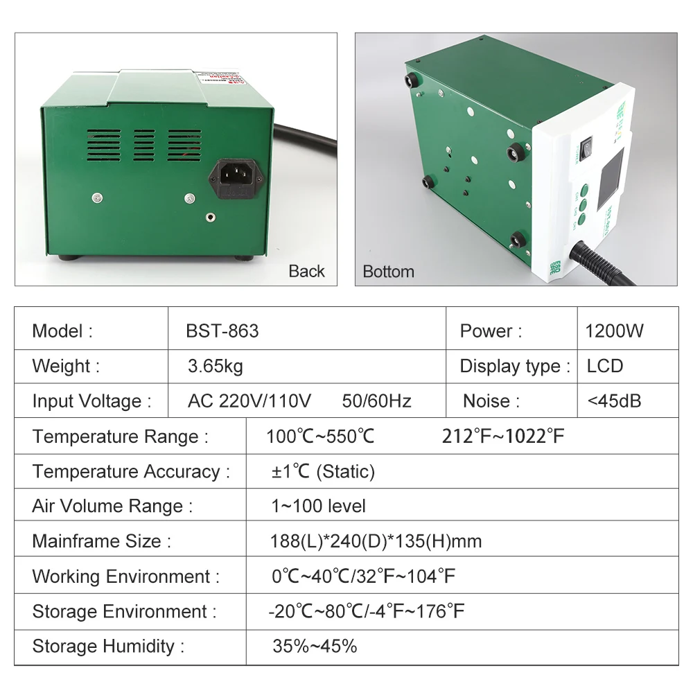 
Factory Direct 1200W Digital Touch Screen Display Smd Hot Air Rework station Hot Air Blower soldering station 