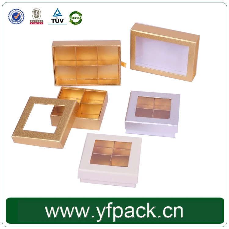 Lid And Base With Clear PVC Window Golden Metallic Compartment Inlay Tray Macaron/Chocolate Packaging Gift Box
